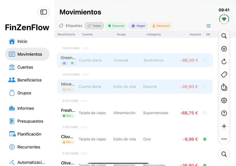 FinZenFlow · Movimientos · Interior
